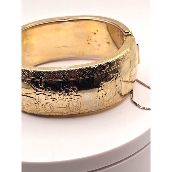 Vintage Hinged Chunky Gold Bracelet wChain 1940s Marked Japan Engraved Victorian - Picture 7 of 9